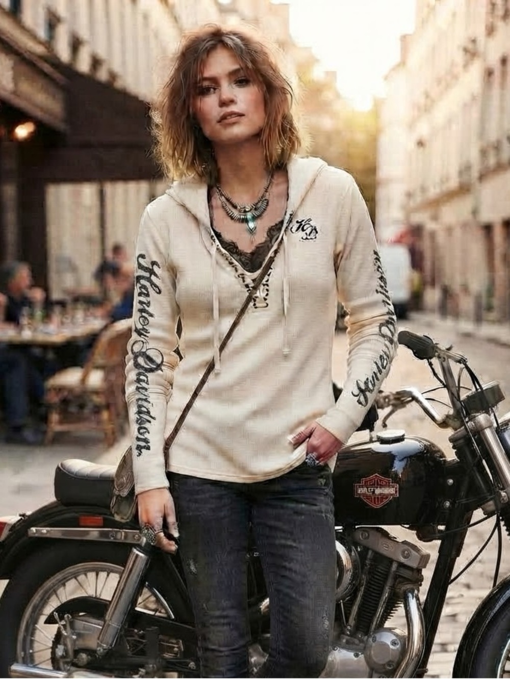 Harley-Davidson Lace-Up Thermal Waffle Knit Long Sleeve Hoodie Cream